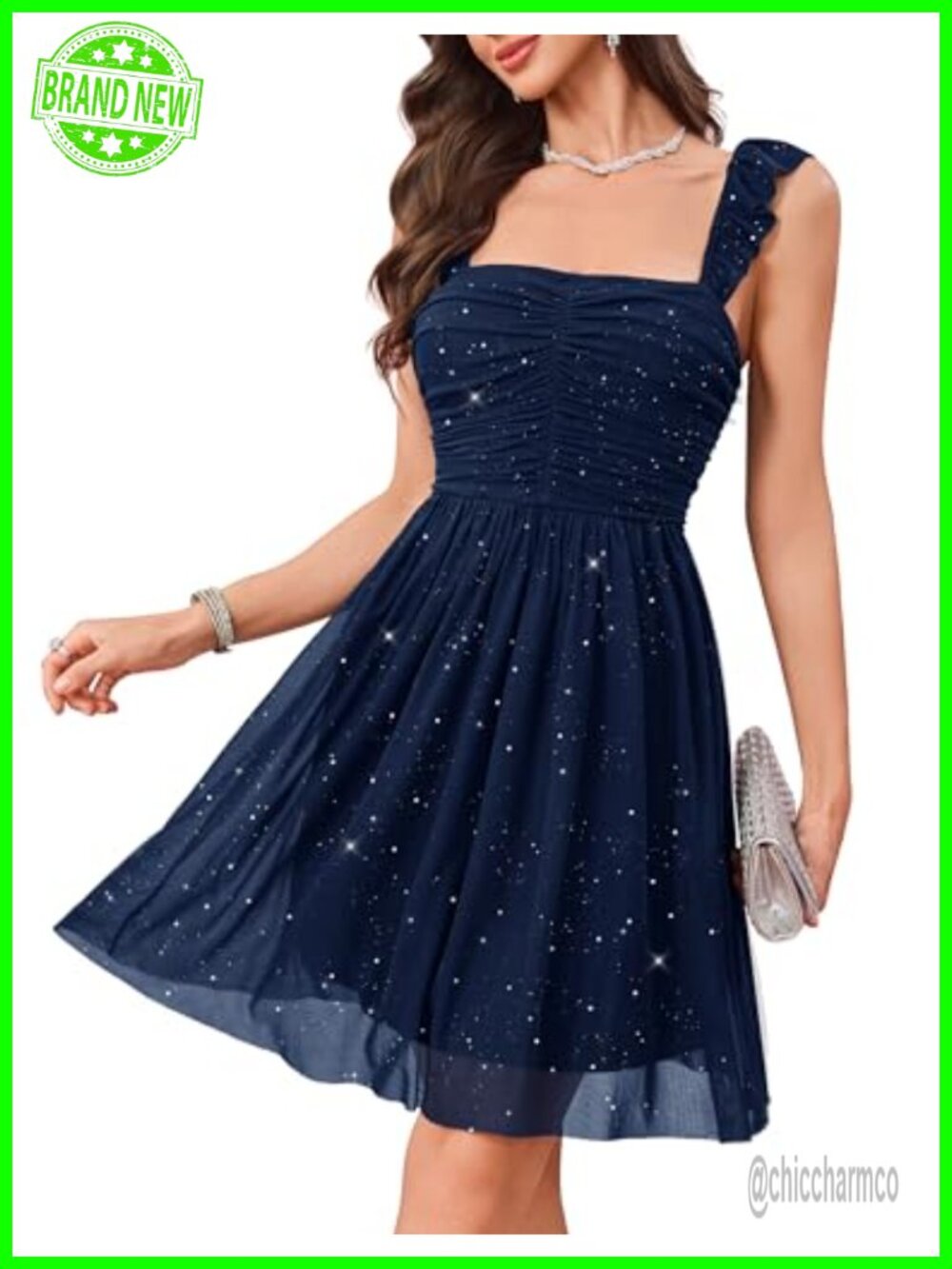 Sparkly Sequin Cocktail Dress Ruffle Strap Formal Party A-line